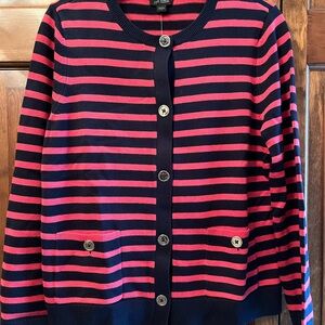 JJILL Wearever Collection Cardigan Striped Navy Blue and Poppy Size Small NWT